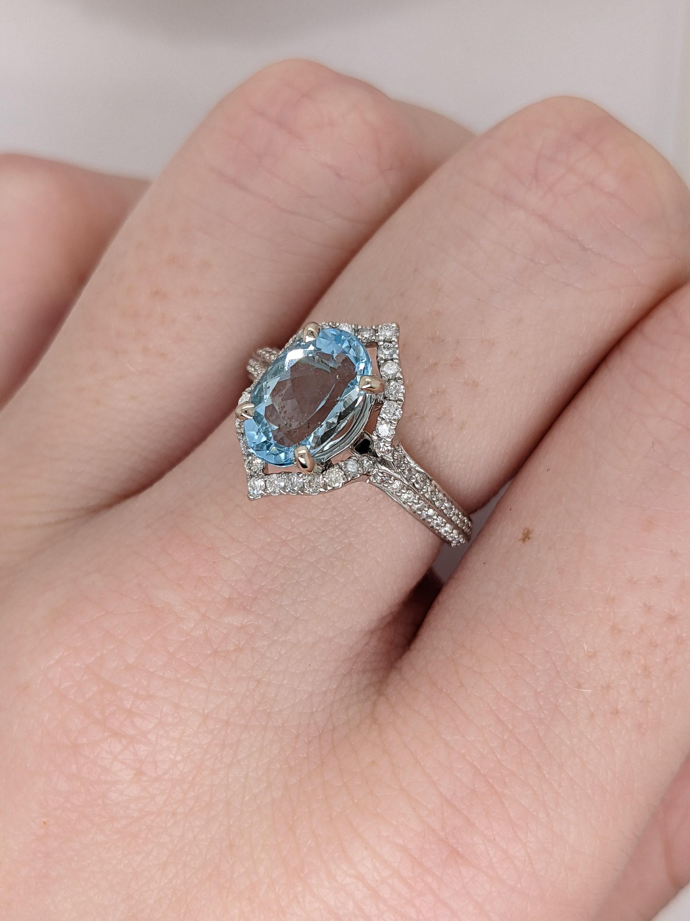Women's 1.8ct Aquamarine Ring w Earth Mined Diamonds in Solid 14k Gold Oval 9x7mm