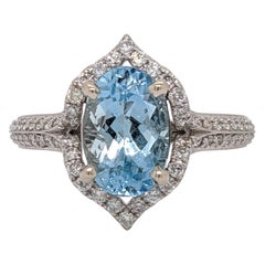 1.8ct Aquamarine Ring w Earth Mined Diamonds in Solid 14k Gold Oval 9x7mm