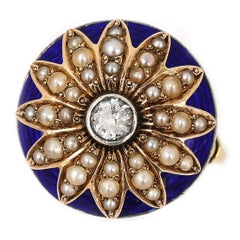 19th Century 18ct Gold Blue Enamel, Pearl, Diamond Sunburst Dome Ring Circa 1850