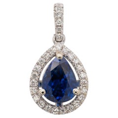 Colgante de zafiro azul de 1,8 quilates con halo de diamantes naturales: oro macizo de 14 quilates, 8x5 mm