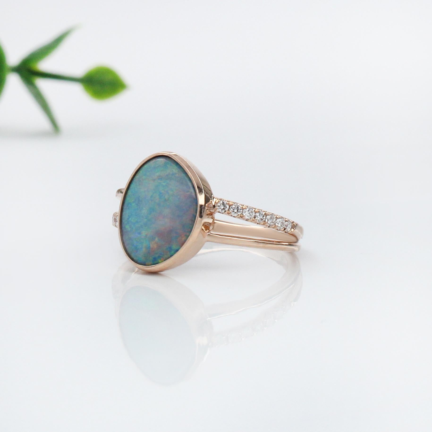 Art Deco 1.8ct Boulder Opal Ring w Earth Mined Diamonds in Solid 14K Gold Fancy 11x9mm For Sale
