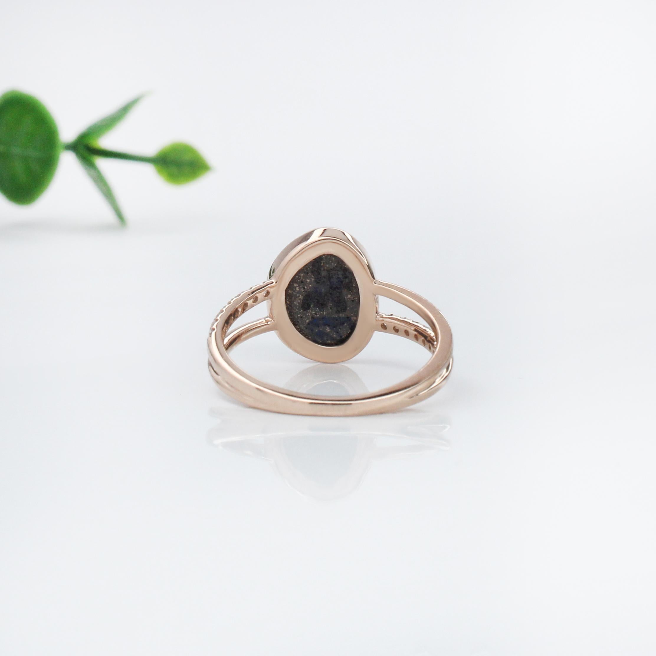 Cabochon 1.8ct Boulder Opal Ring w Earth Mined Diamonds in Solid 14K Gold Fancy 11x9mm For Sale