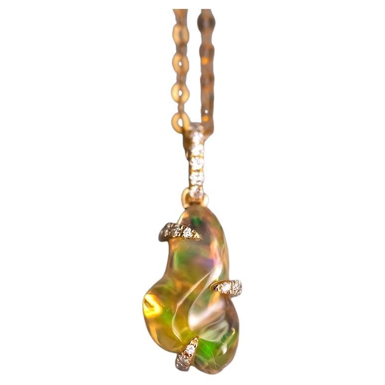 1.8ct Eternal Flame Fire Opal Diamond Necklace 18K Yellow Gold