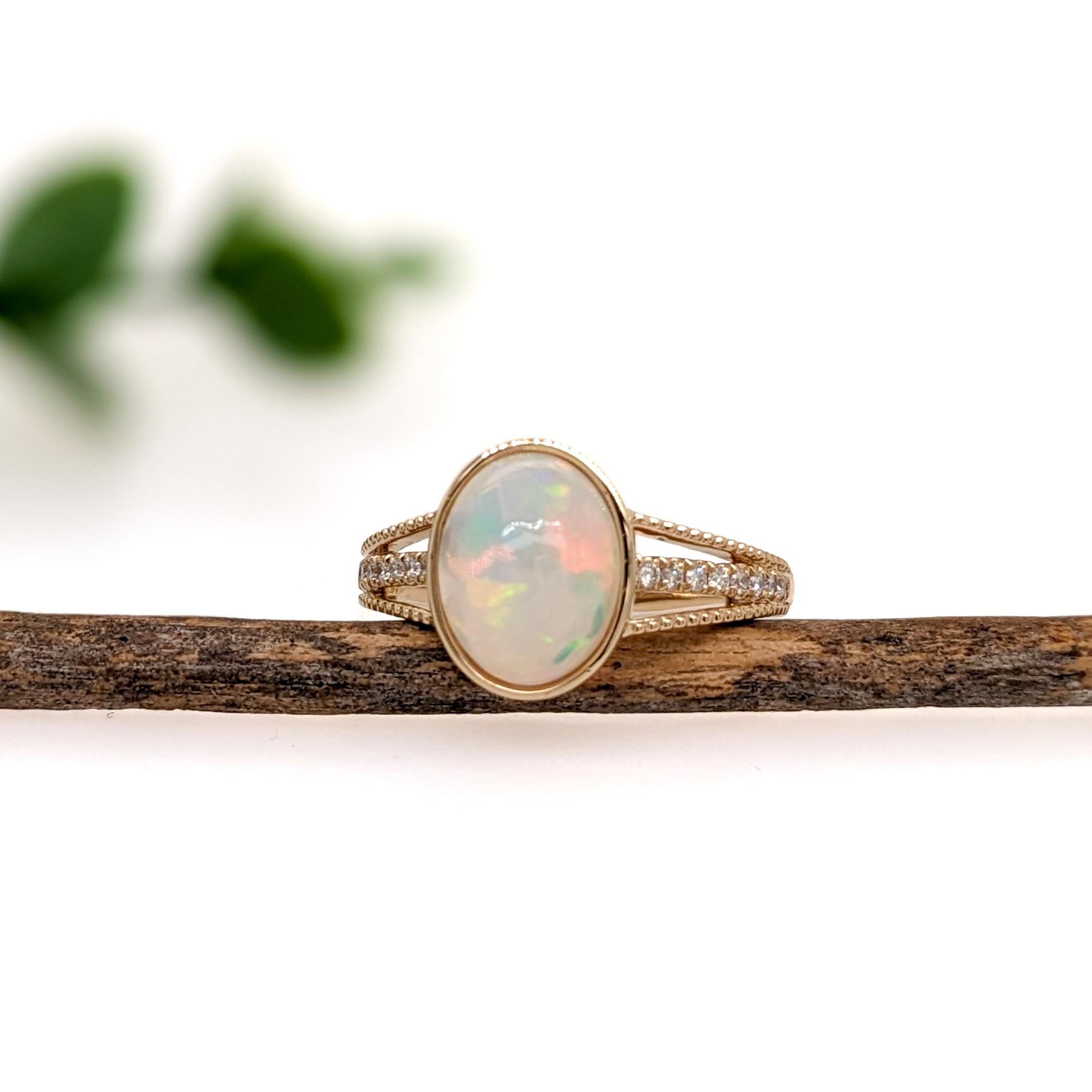 Art Deco 1.8ct Ethiopian Opal Ring w Earth Mined Diamonds in Solid 14K Gold Oval 10x8mm