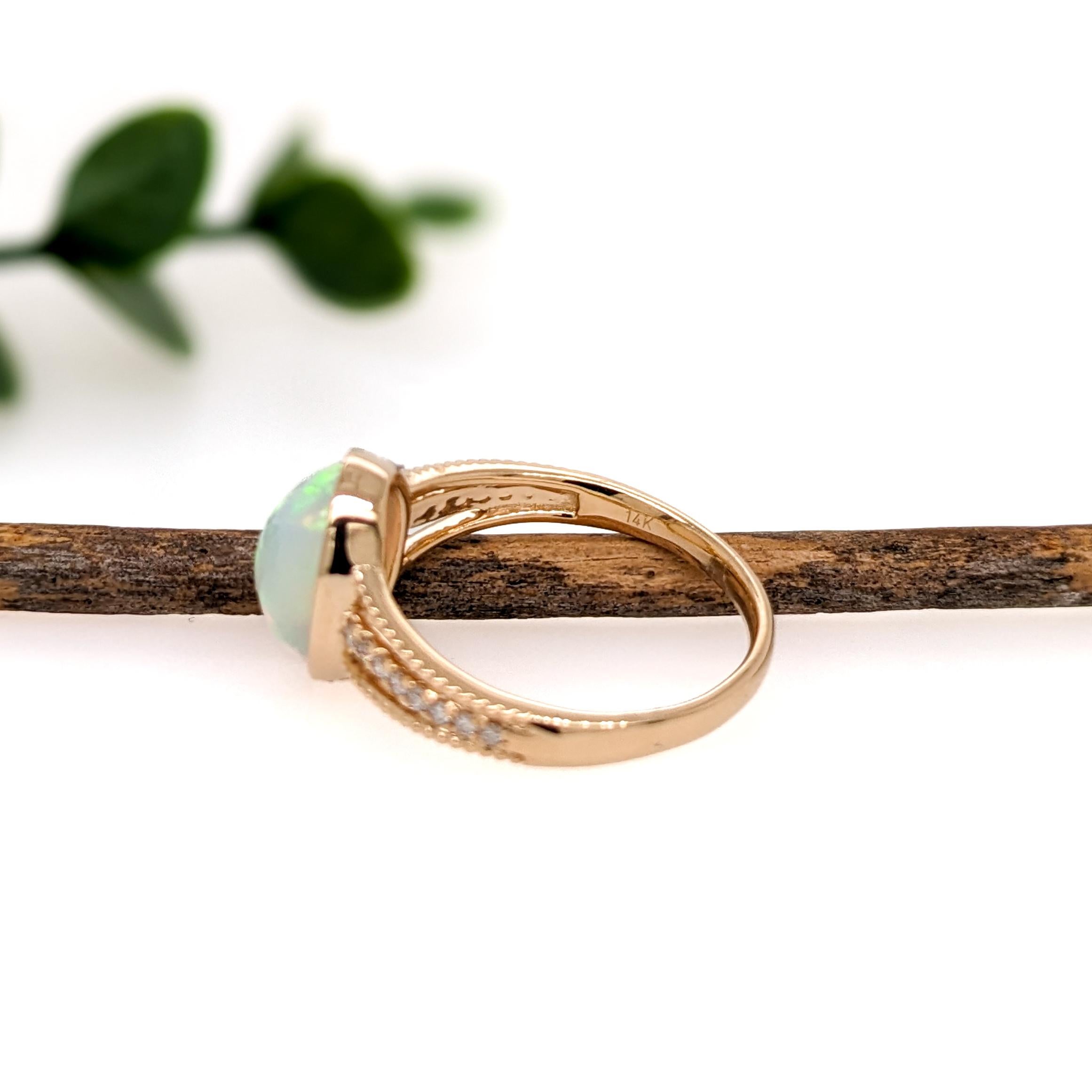 1.8ct Ethiopian Opal Ring w Earth Mined Diamonds in Solid 14K Gold Oval 10x8mm In New Condition In Columbus, OH