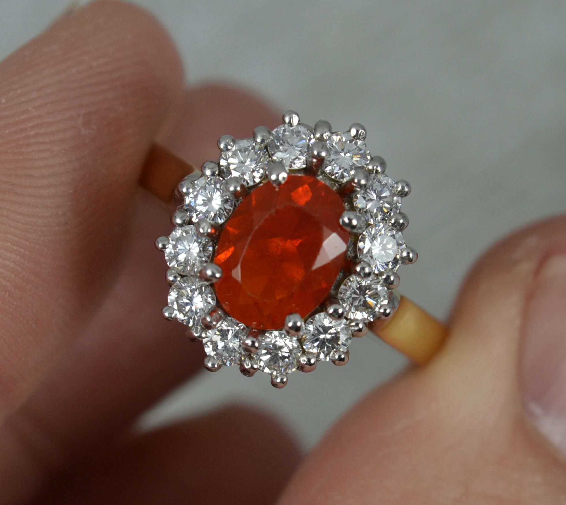 Women's 18ct Gold 0.78ct Fire Opal and 0.74ct Diamond Cluster Ring