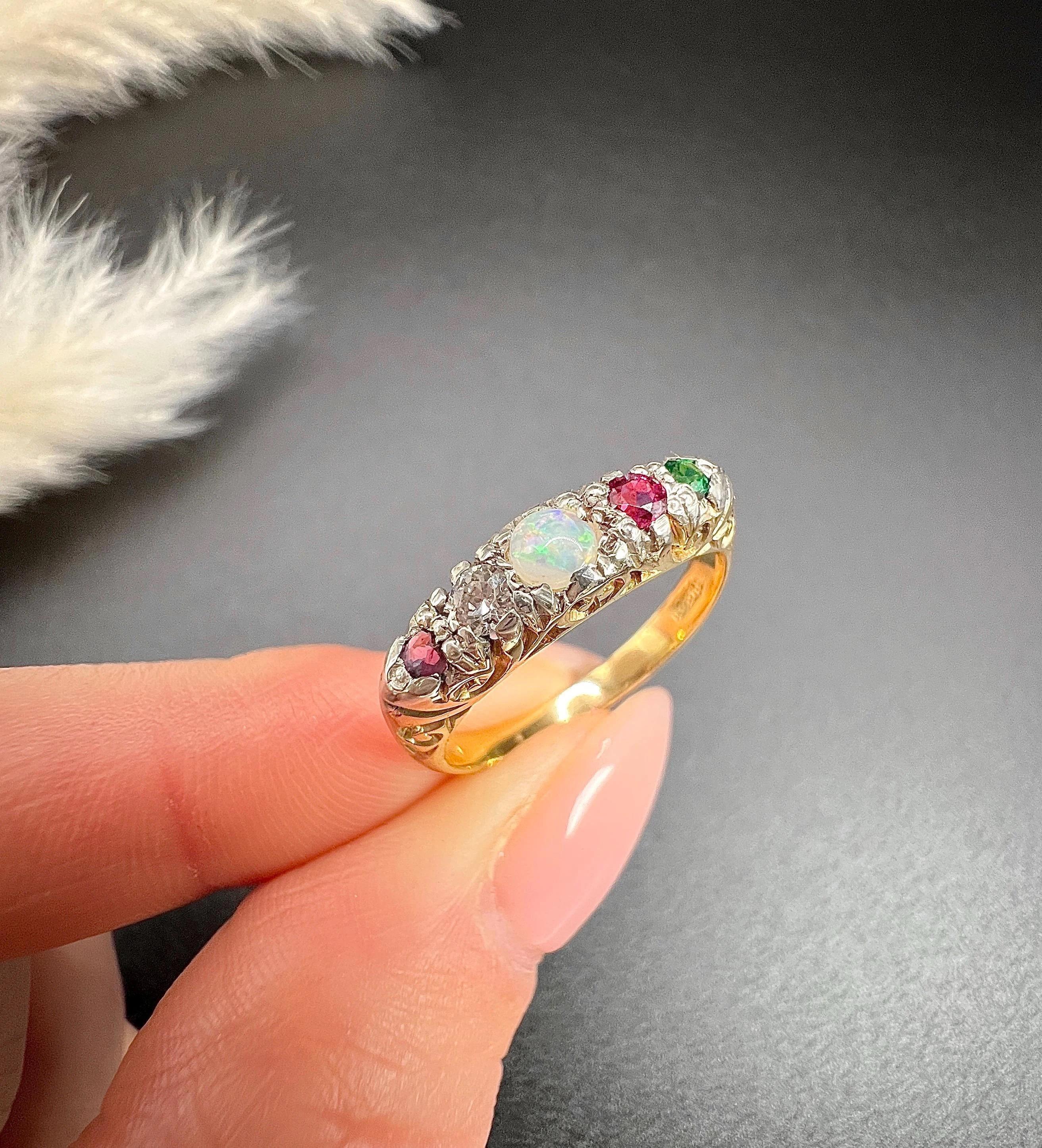 18ct Gold 1920s ADORE Amethyst, Diamond, Opal, Ruby & Emerald Carved Ring 6