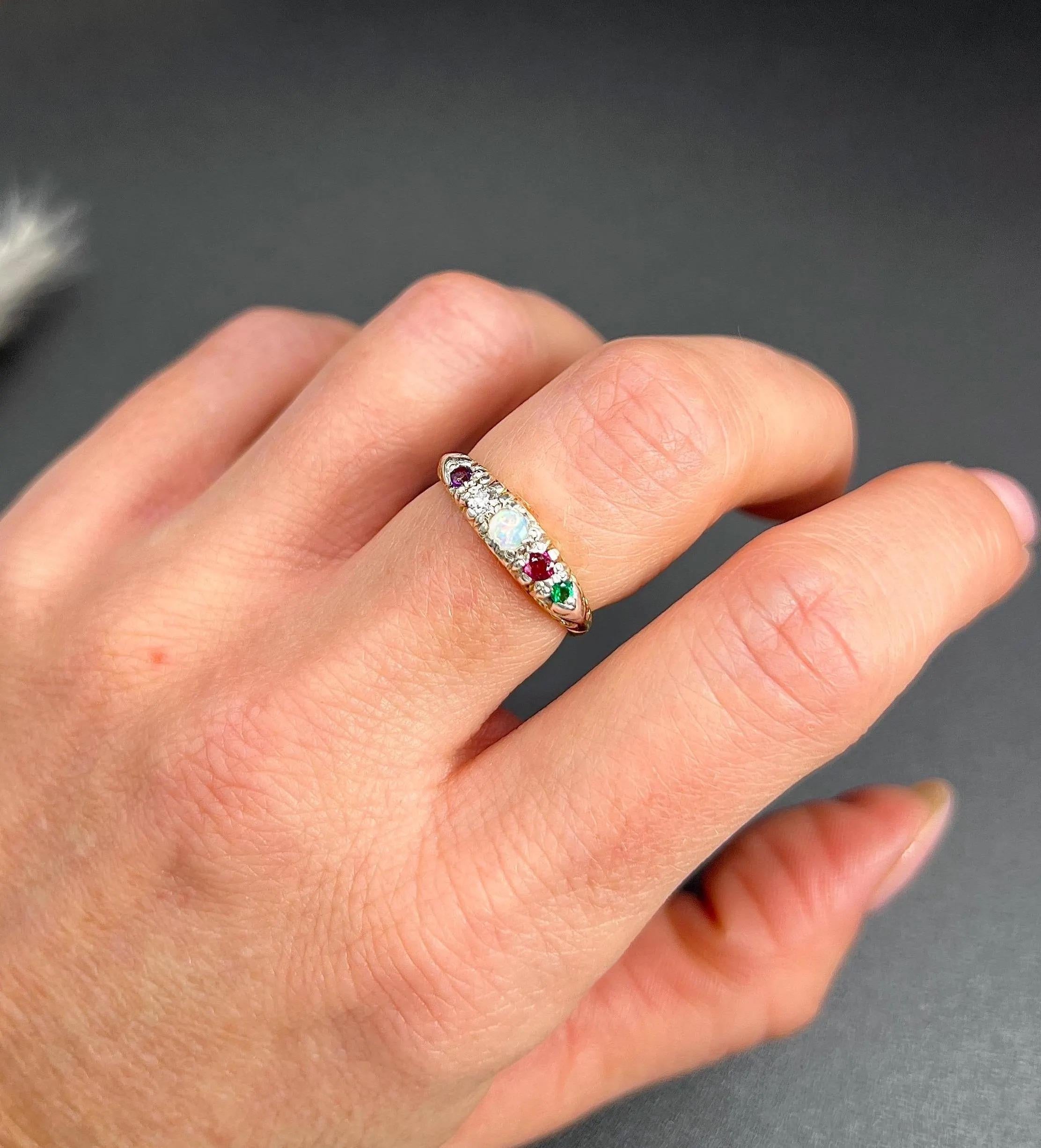 Antique Adore Ring 

18ct Yellow Gold & Platinum Stamped

Introducing this stunning 18ct yellow gold 1920s ADORE ring, a true epitome of elegance and charm. This fabulous acrostic ring features enchanting Amethyst, dazzling Diamond, opulent Opal,