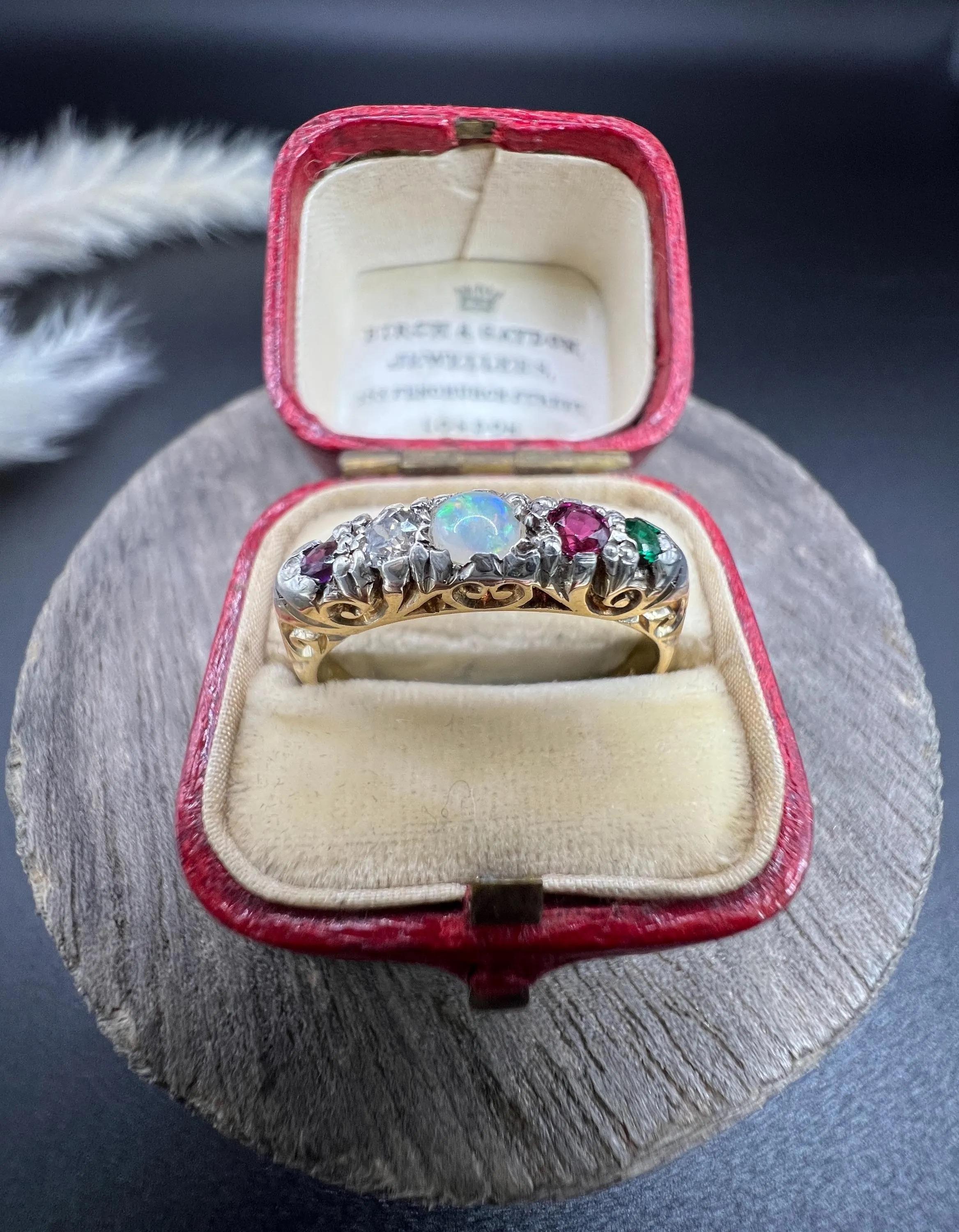 Women's or Men's 18ct Gold 1920s ADORE Amethyst, Diamond, Opal, Ruby & Emerald Carved Ring
