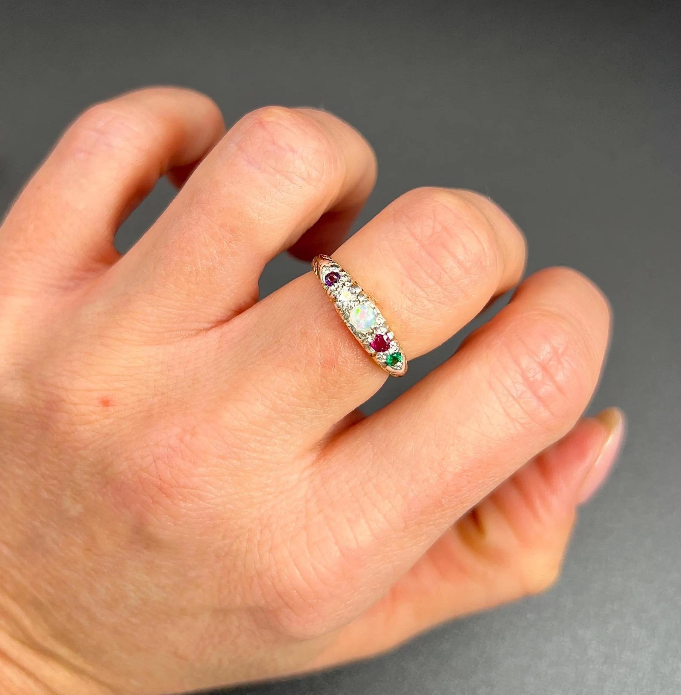 18ct Gold 1920s ADORE Amethyst, Diamond, Opal, Ruby & Emerald Carved Ring 2