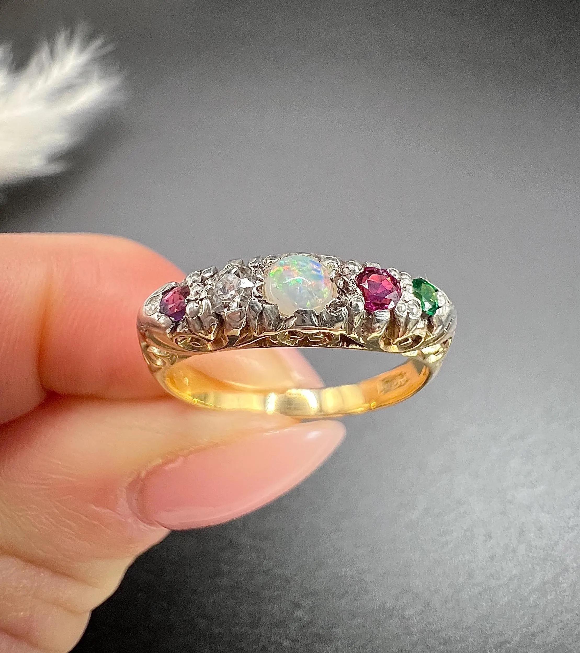 18ct Gold 1920s ADORE Amethyst, Diamond, Opal, Ruby & Emerald Carved Ring 3