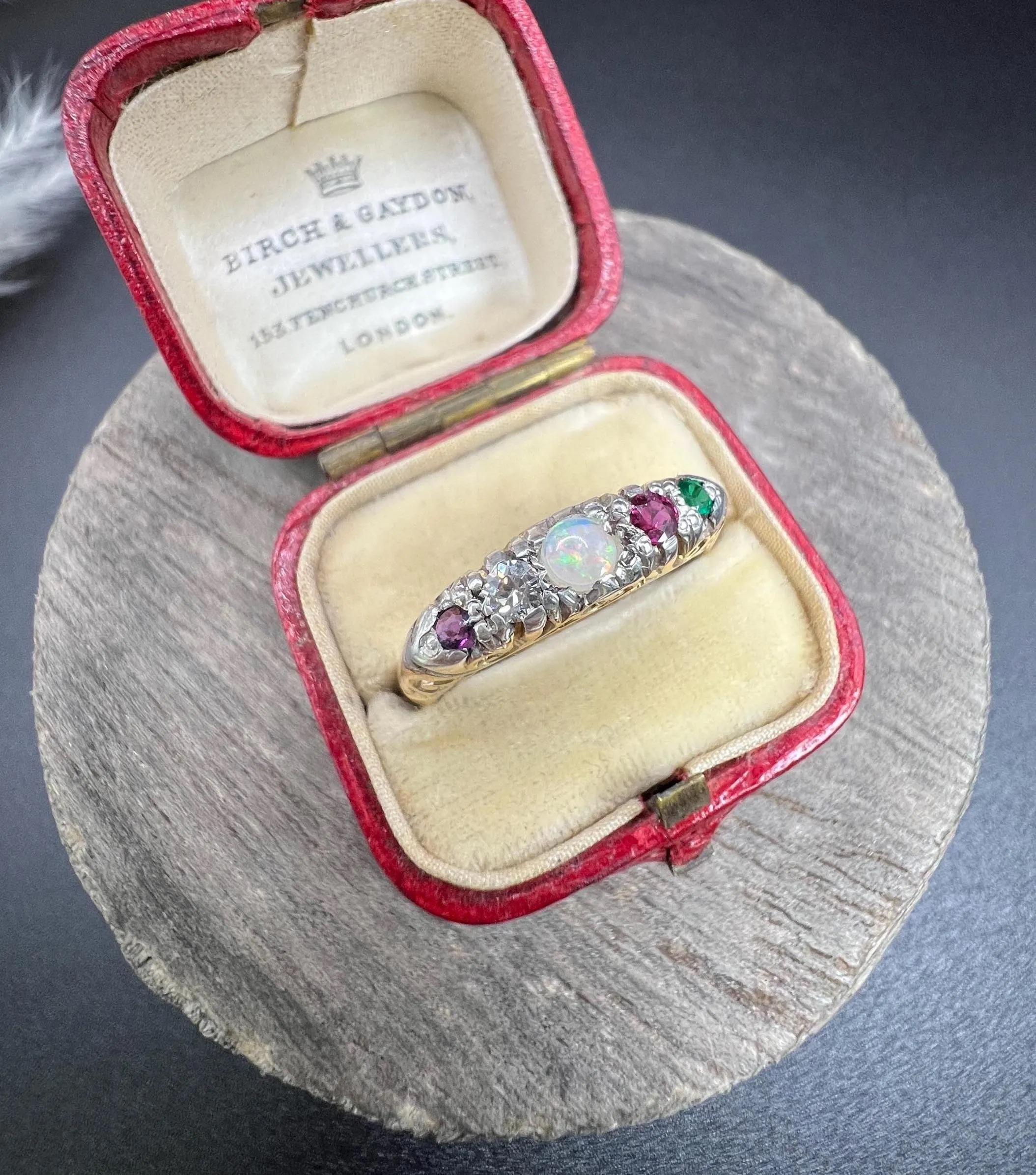 18ct Gold 1920s ADORE Amethyst, Diamond, Opal, Ruby & Emerald Carved Ring 4