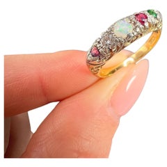 18ct Gold 1920s ADORE Amethyst, Diamond, Opal, Ruby & Emerald Carved Ring