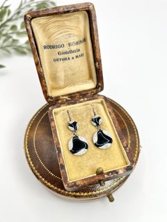 18ct Gold 1920s Art Deco Onyx & Diamond Drop Earrings (Conversion From Cufflink)