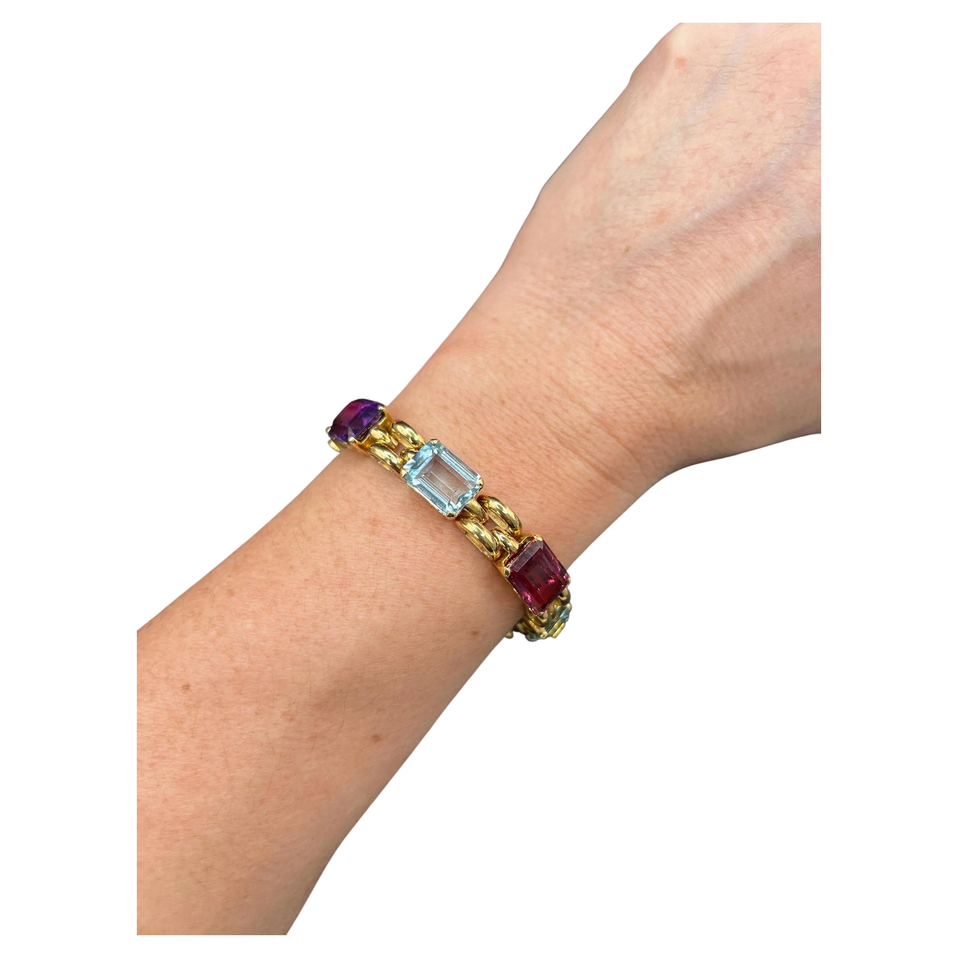 18ct Gold, 1940s Citrine, Aquamarine, Tourmaline, Amethyst Harlequin Bracelet