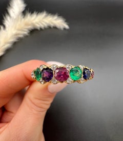 18ct Gold 1940s DEAREST Diamond Emerald Amethyst Ruby Sapphire & Tourmaline Ring