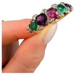 18ct Gold 1940s DEAREST Diamond Emerald Amethyst Ruby Sapphire & Tourmaline Ring