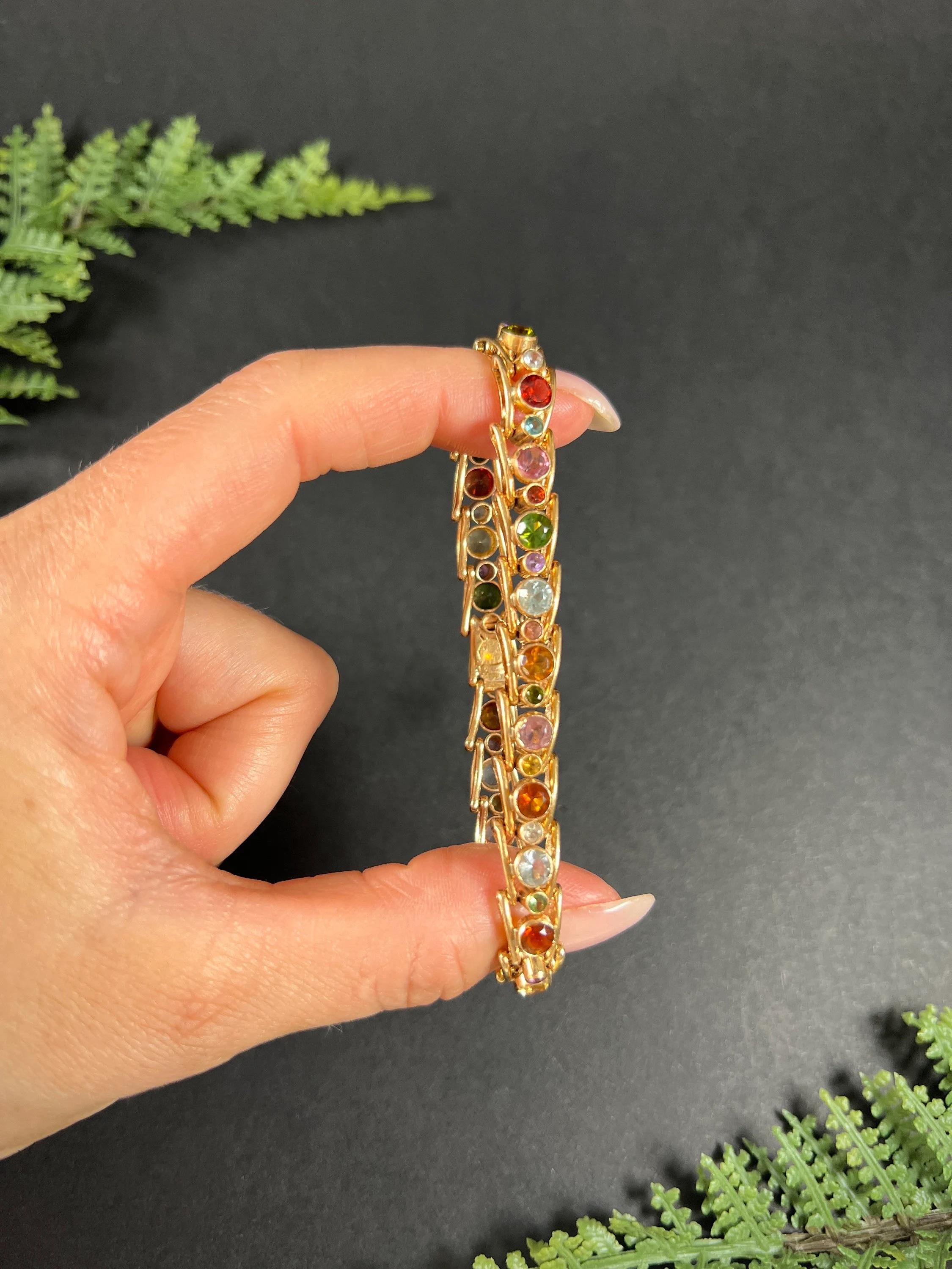 18ct Gold 1980s Citrine, Aquamarine, Pink Tourmaline, Peridot Harlequin Bracelet For Sale 5