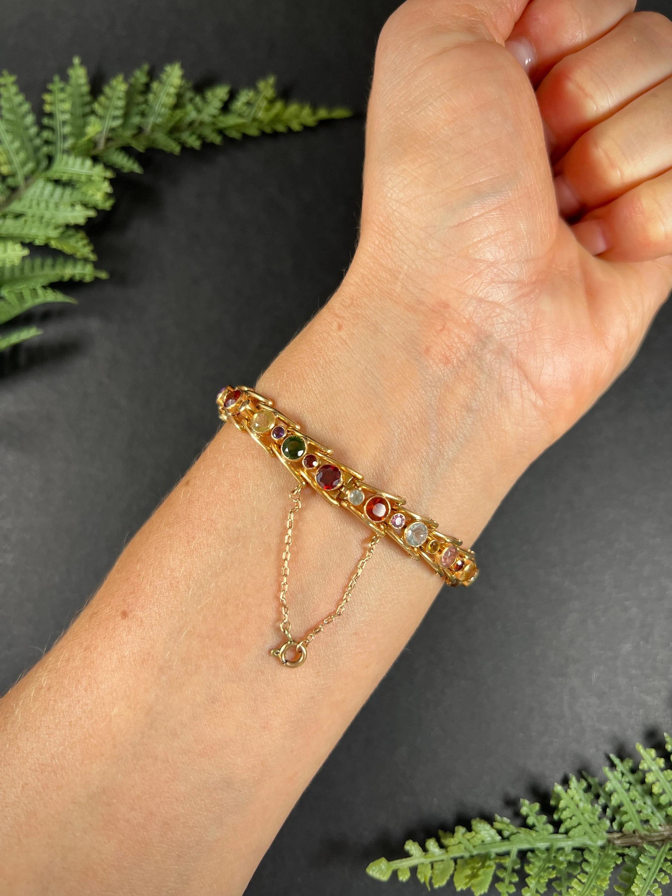 18ct Gold 1980s Citrine, Aquamarine, Pink Tourmaline, Peridot Harlequin Bracelet For Sale 2