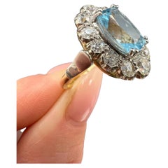 18ct Gold 2 Carats of Diamonds & 2.65 Carat Cushion Cut Aquamarine Cluster Ring