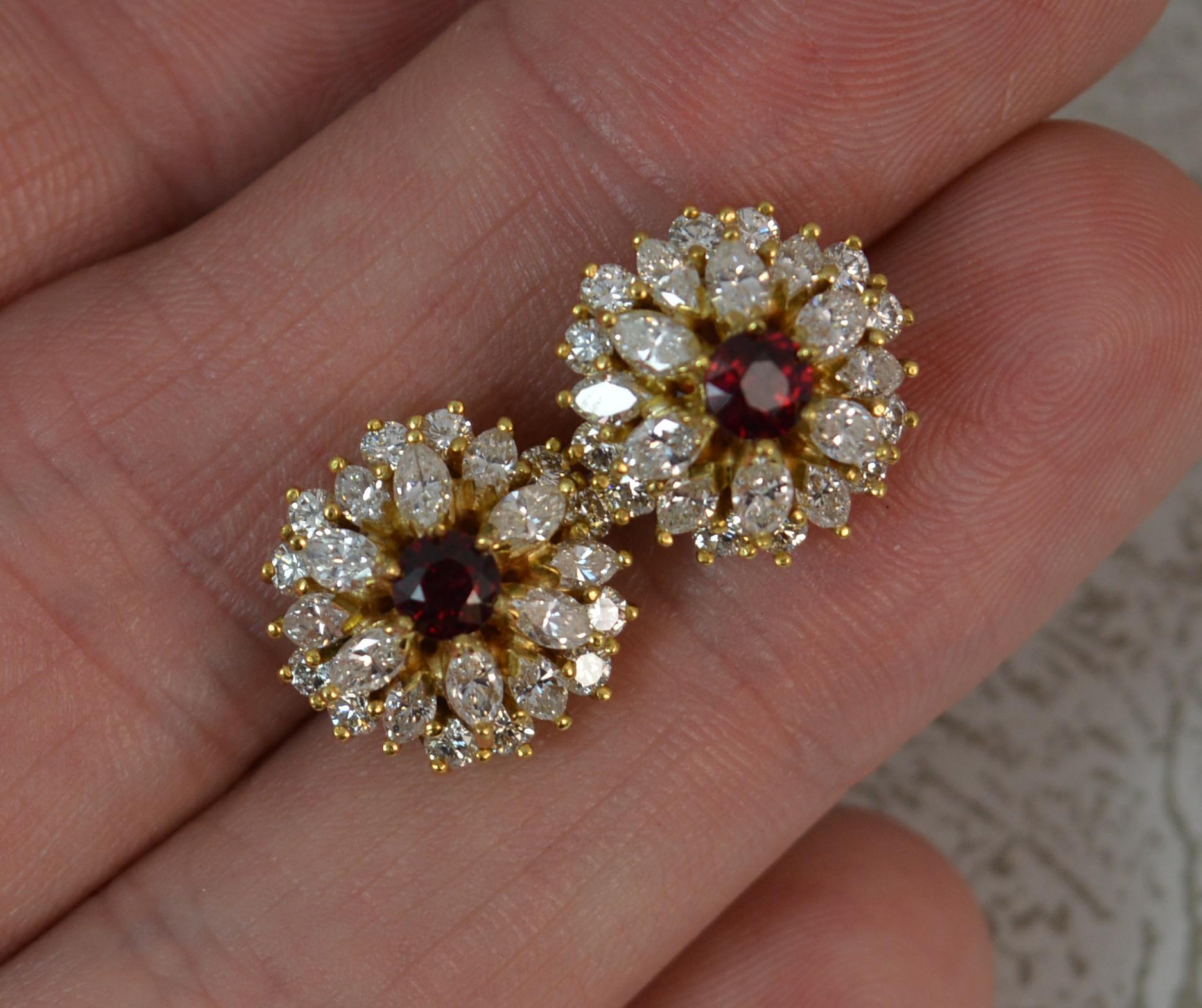Round Cut 18 Carat Gold 2.8 Carat Vs Diamond and Ruby Cluster Earrings