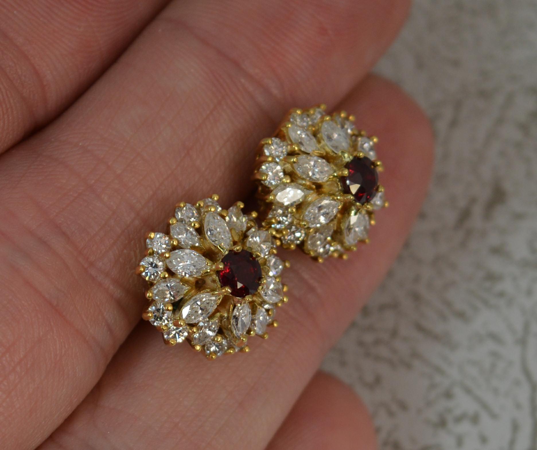 Women's 18 Carat Gold 2.8 Carat Vs Diamond and Ruby Cluster Earrings