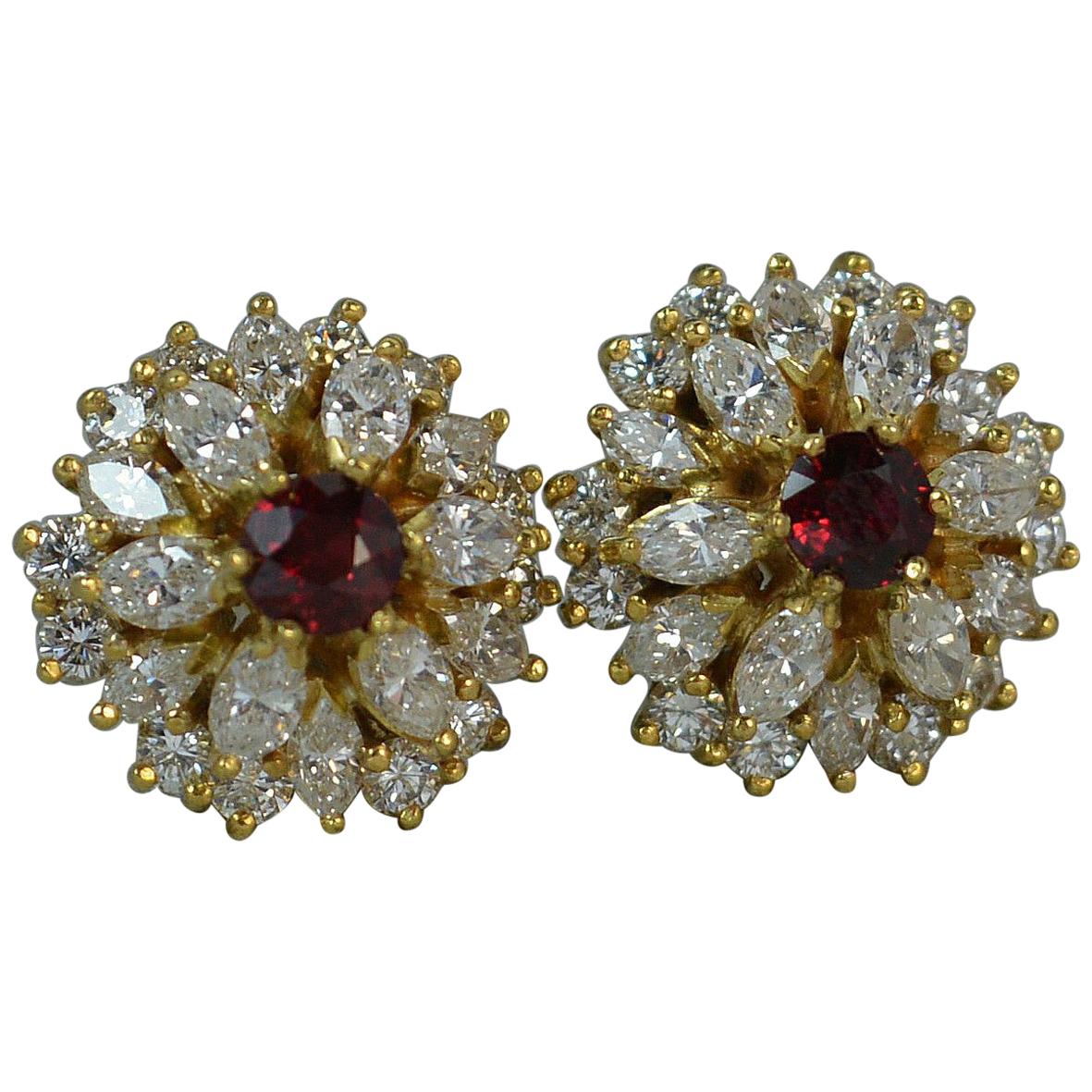 18 Carat Gold 2.8 Carat Vs Diamond and Ruby Cluster Earrings