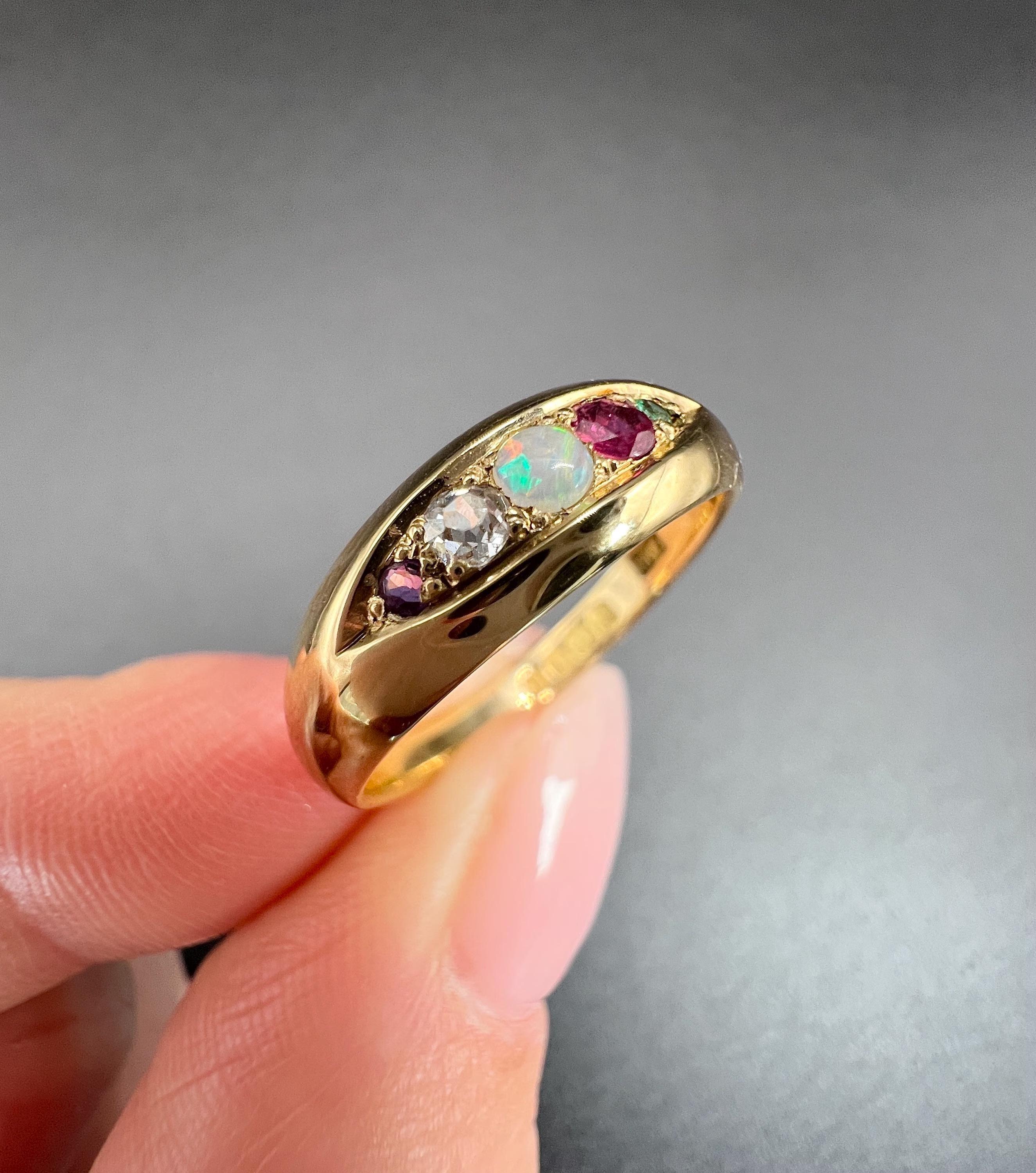 18 Karat Gold, ADORE Amethyst, Diamant, Opal, Rubin & Smaragd Ring gestempelt 1911 im Angebot 4