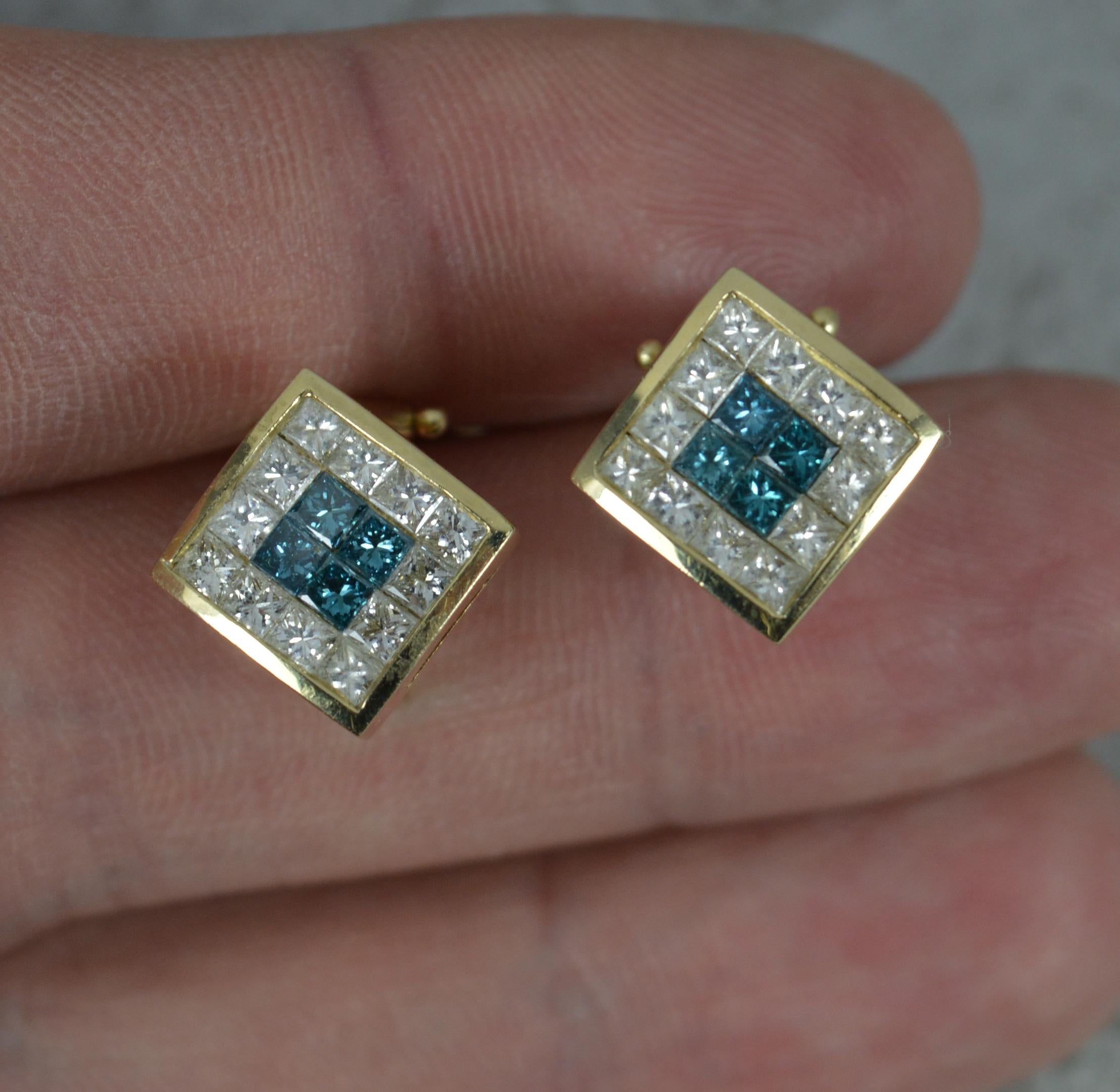 18ct Gold and 2.00ct Blue and White Diamond Cluster Earrings For Sale 1