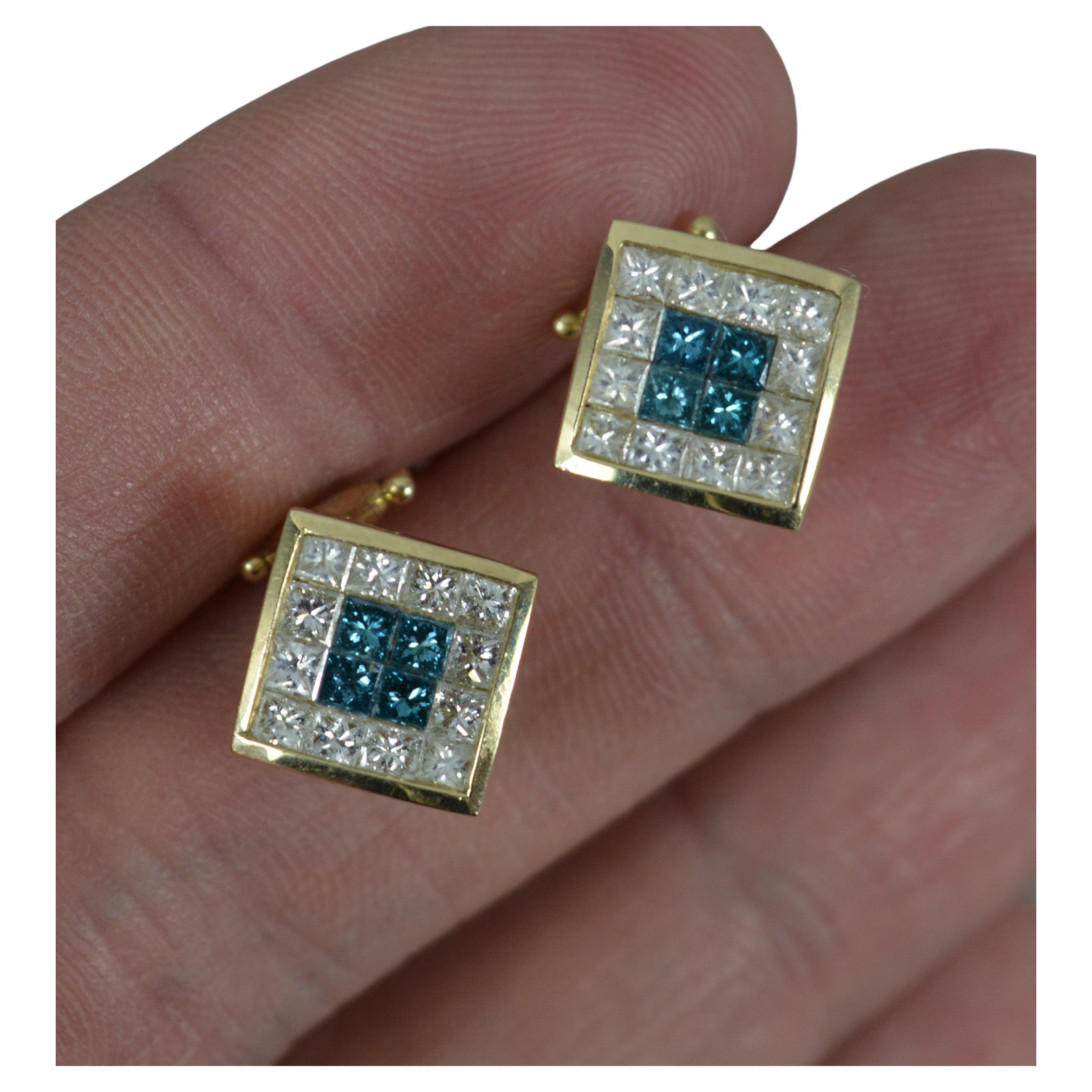 18ct Gold and 2.00ct Blue and White Diamond Cluster Earrings For Sale