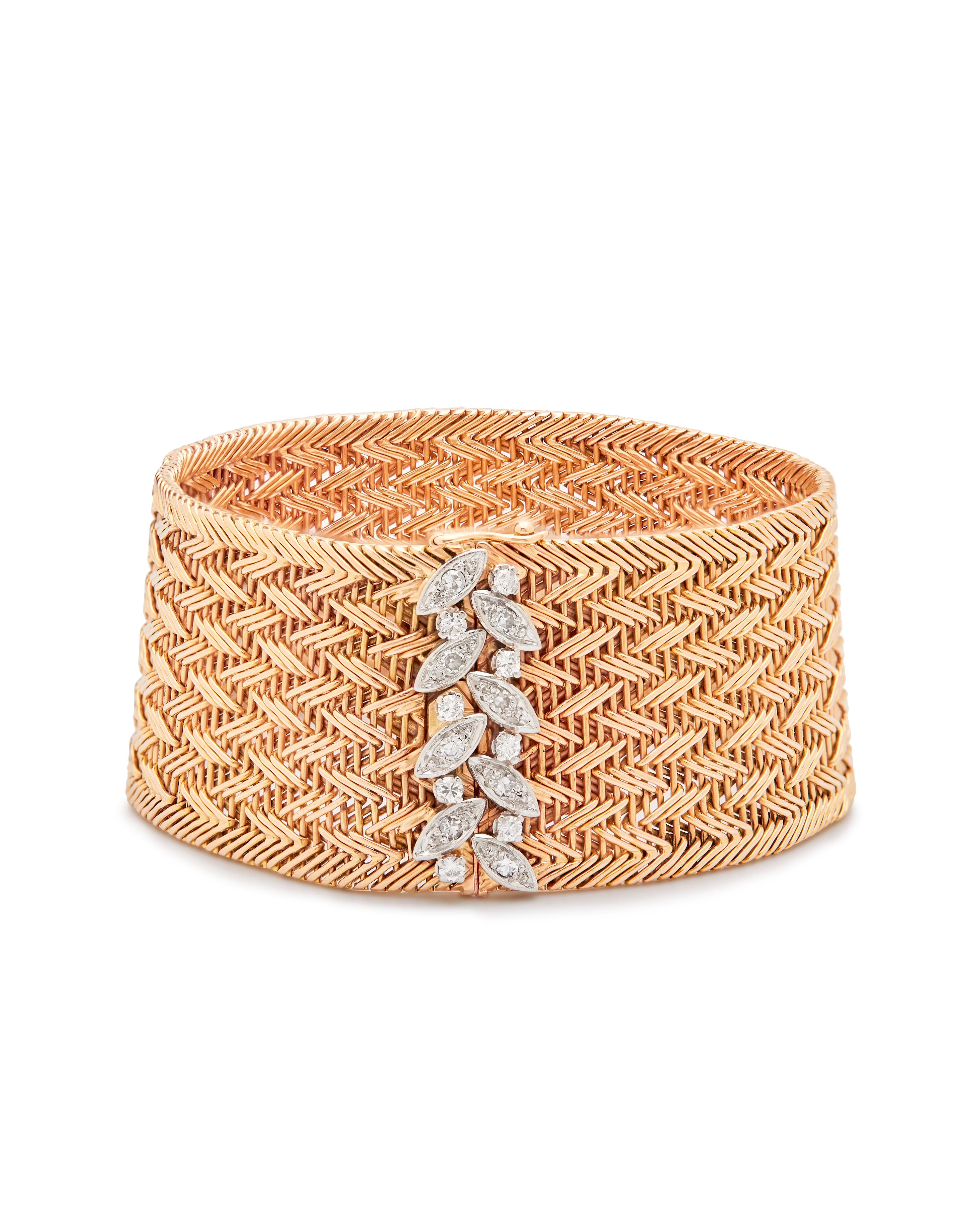 Retro 18ct gold and Platinum diamond vintage French Woven Gold Bracelet For Sale