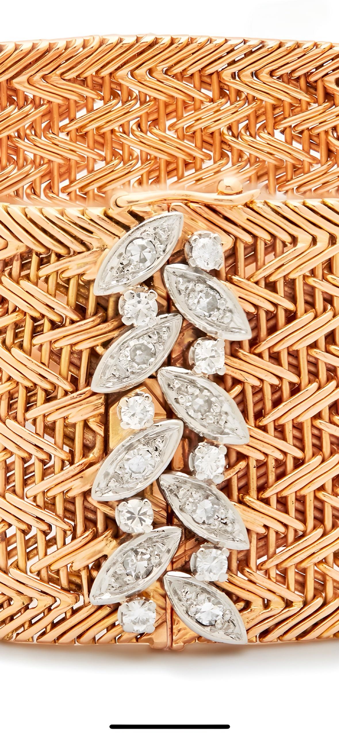 Brilliant Cut 18ct gold and Platinum diamond vintage French Woven Gold Bracelet For Sale
