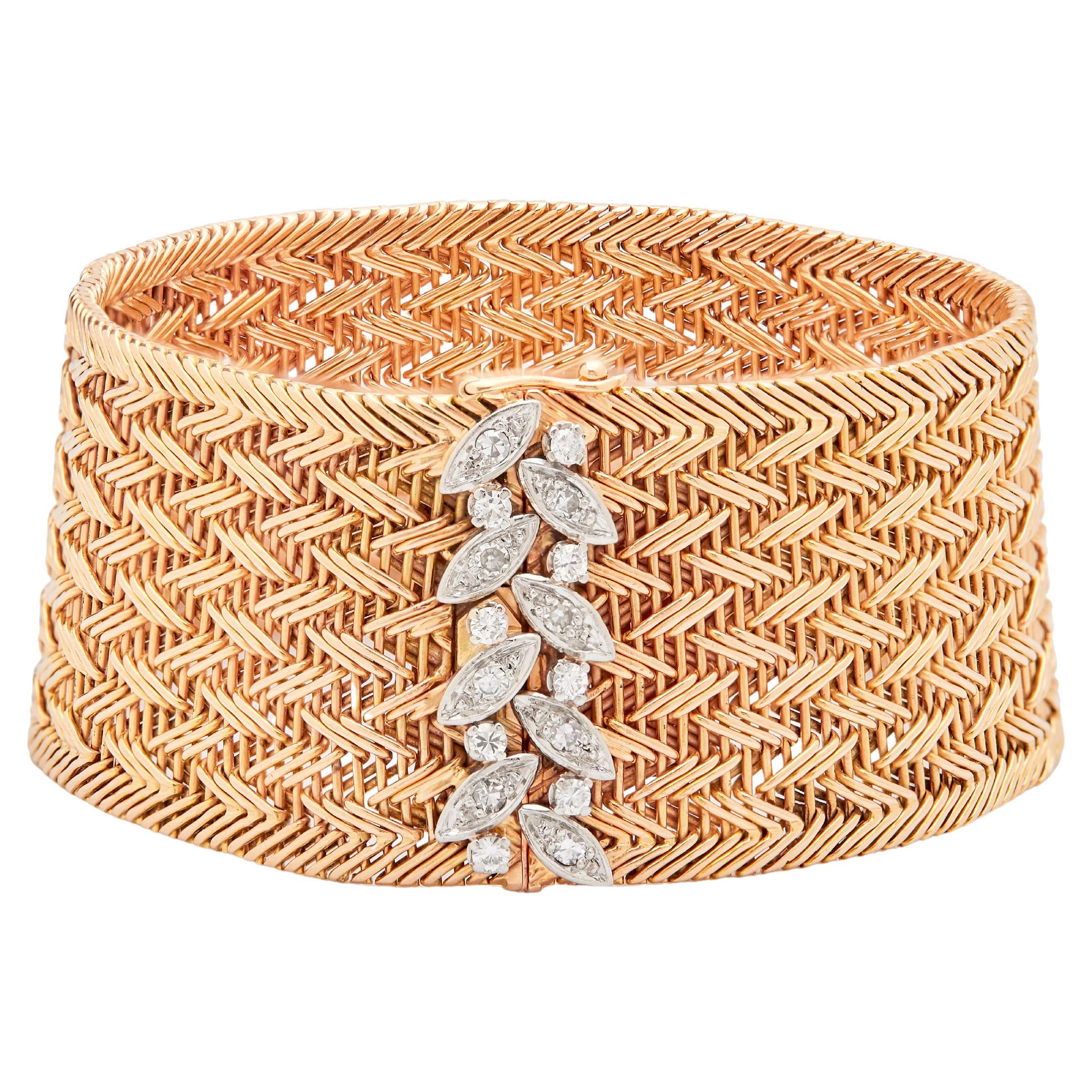 18ct gold and Platinum diamond vintage French Woven Gold Bracelet