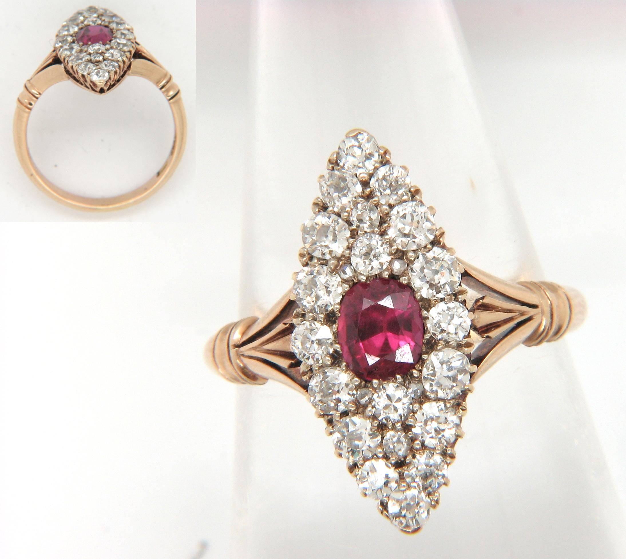 18ct gold ruby (0.50ct) and diamond (2.20ct) ladies dress ring. Old mine cut diamonds. Measures 1cm wide and 2cm long. Currently size M 1/2 (US=6 3/4) and will be safely sized by our expert jewellers free of charge if required. 18ct gold, English,