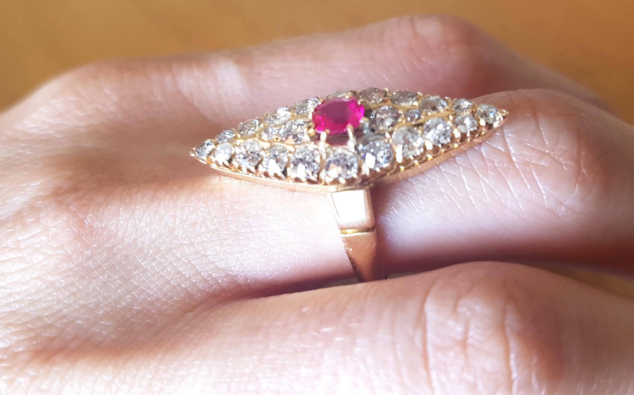 Belle Époque 18 Carat Gold Antique Ruby and Diamond Navette Marquise Ring For Sale