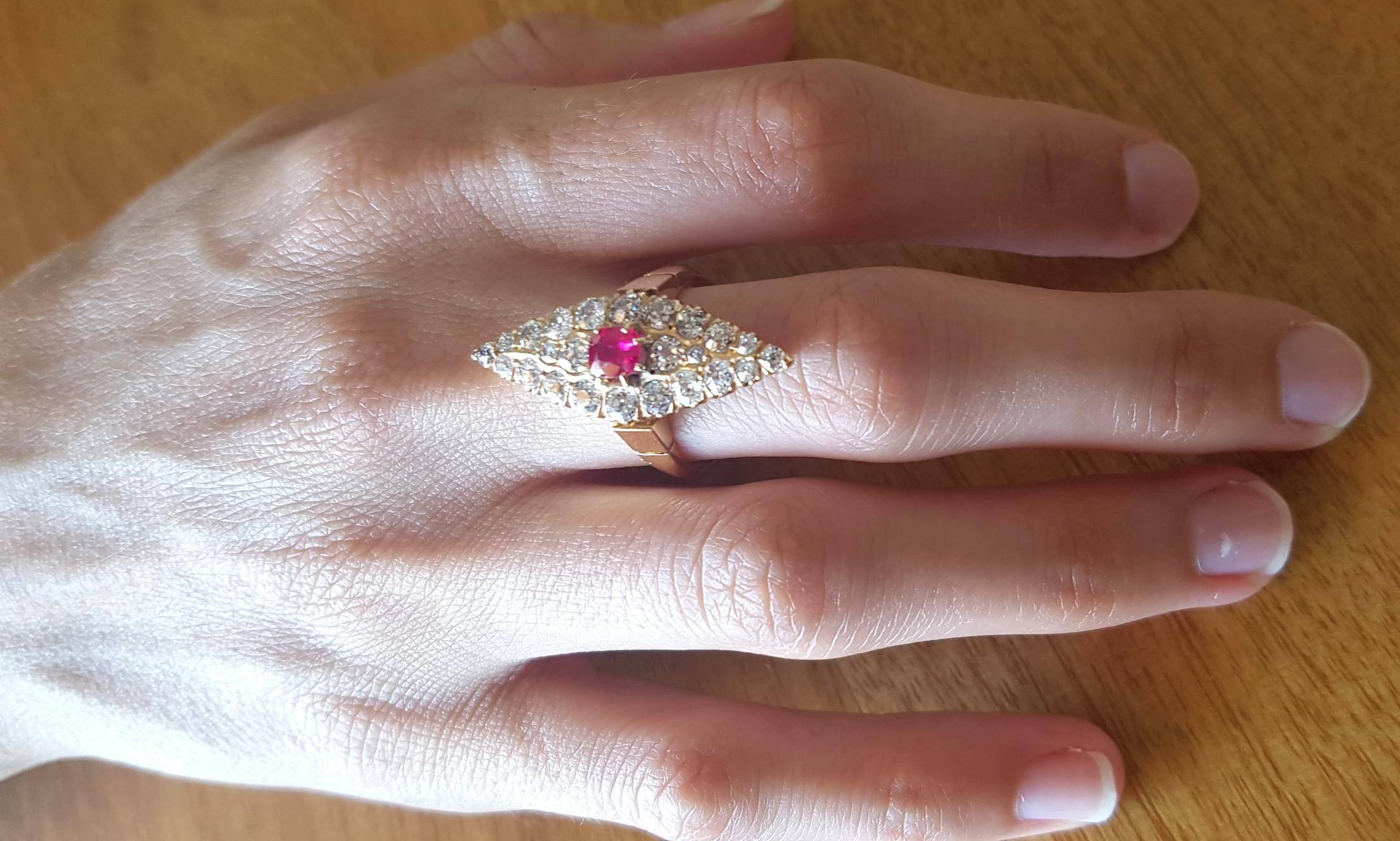 Old Mine Cut 18 Carat Gold Antique Ruby and Diamond Navette Marquise Ring For Sale