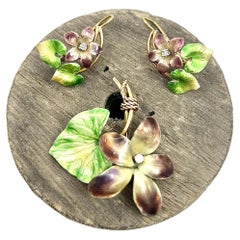 18ct Gold Art Nouveau Enamel and Diamond Violet Flower Pendent and Earring Set