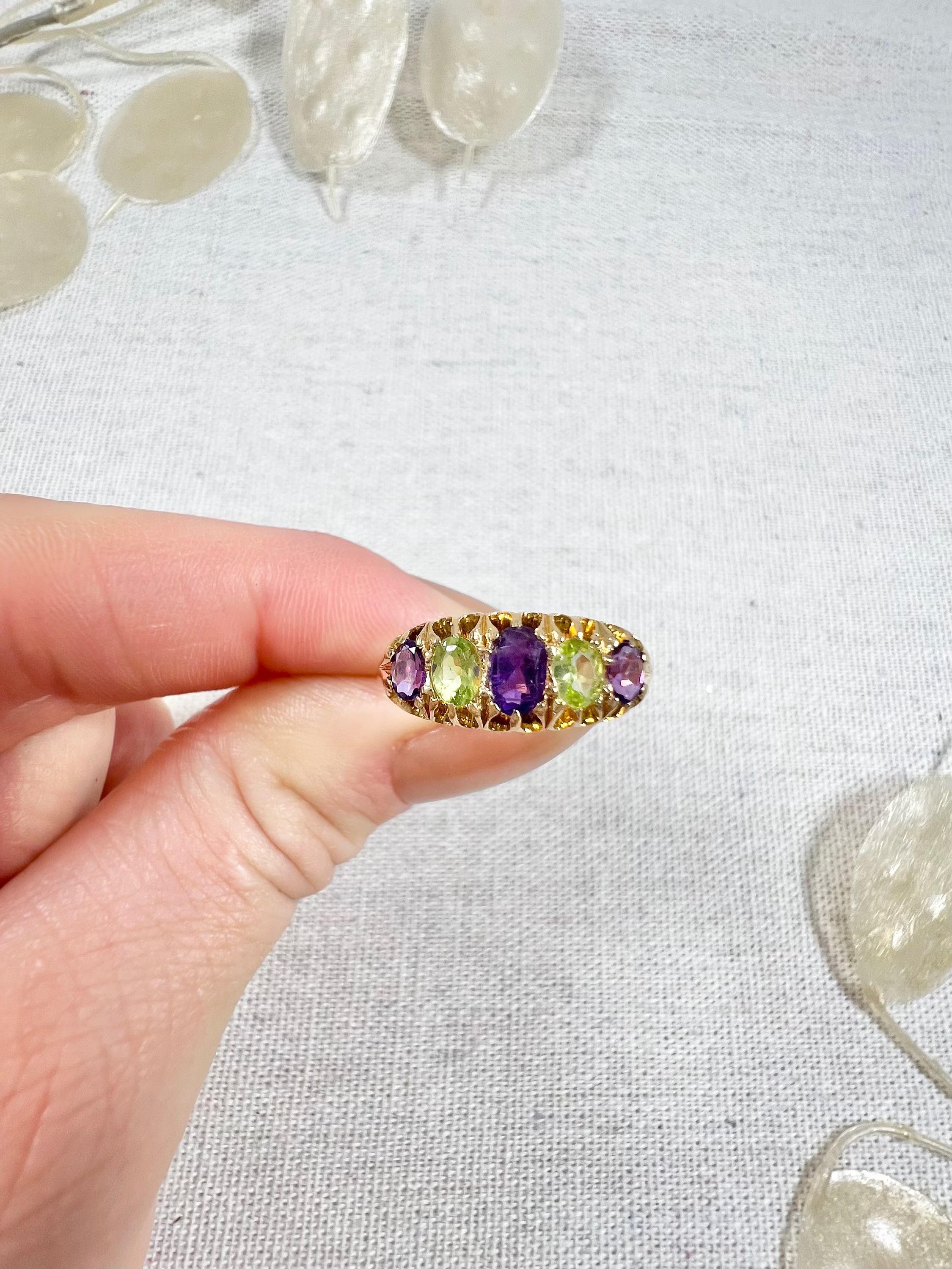18ct Gold Birmingham Hallmarked Edwardian Suffragette Amethyst and Peridot Ring 1