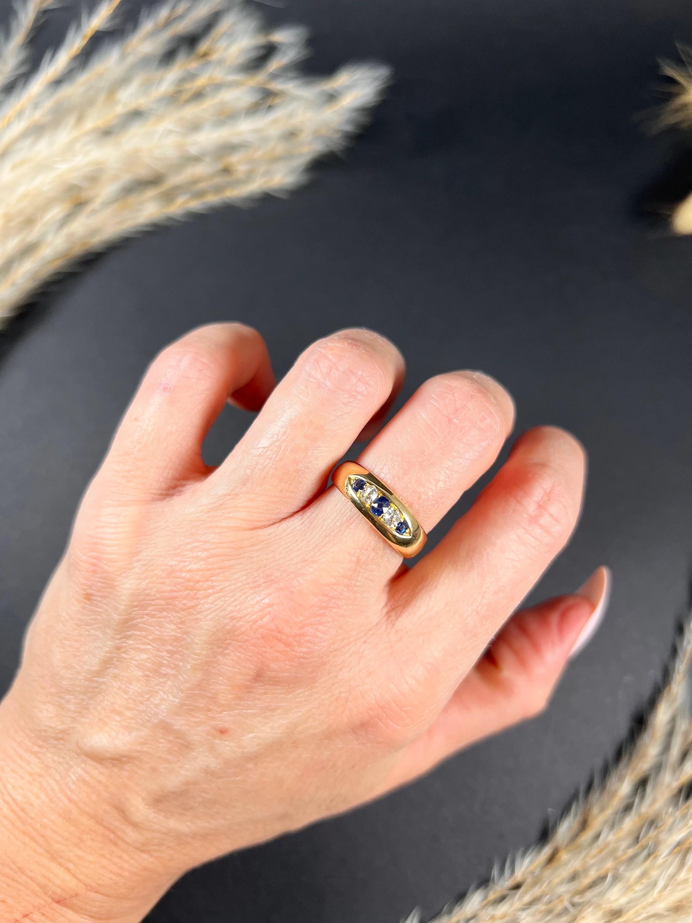 18 Karat Gold Birmingham gestempelter viktorianischer Saphir Diamant-Ring mit fünf Steinen im Zustand „Gut“ im Angebot in Brighton, GB