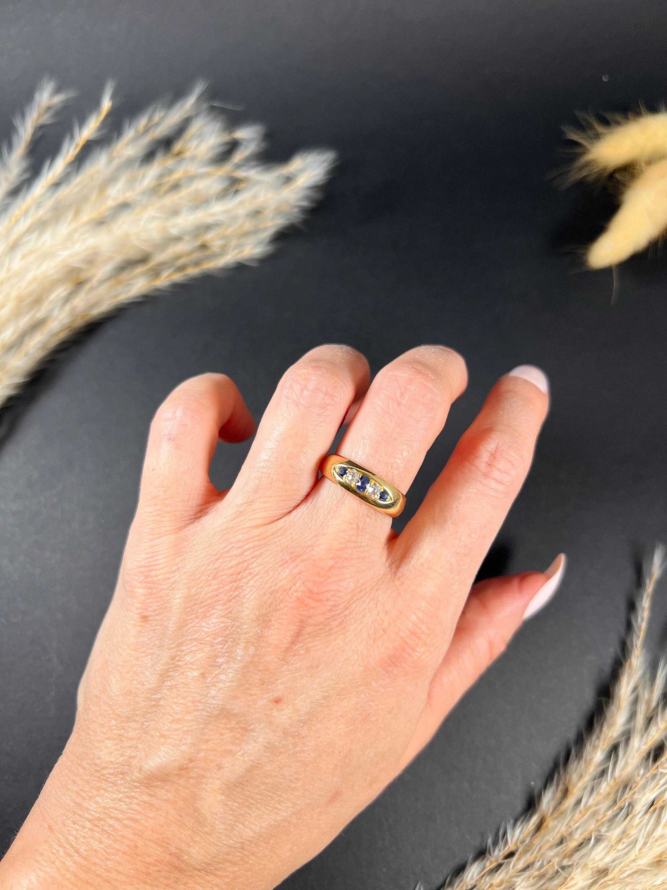 18 Karat Gold Birmingham gestempelter viktorianischer Saphir Diamant-Ring mit fünf Steinen im Angebot 3