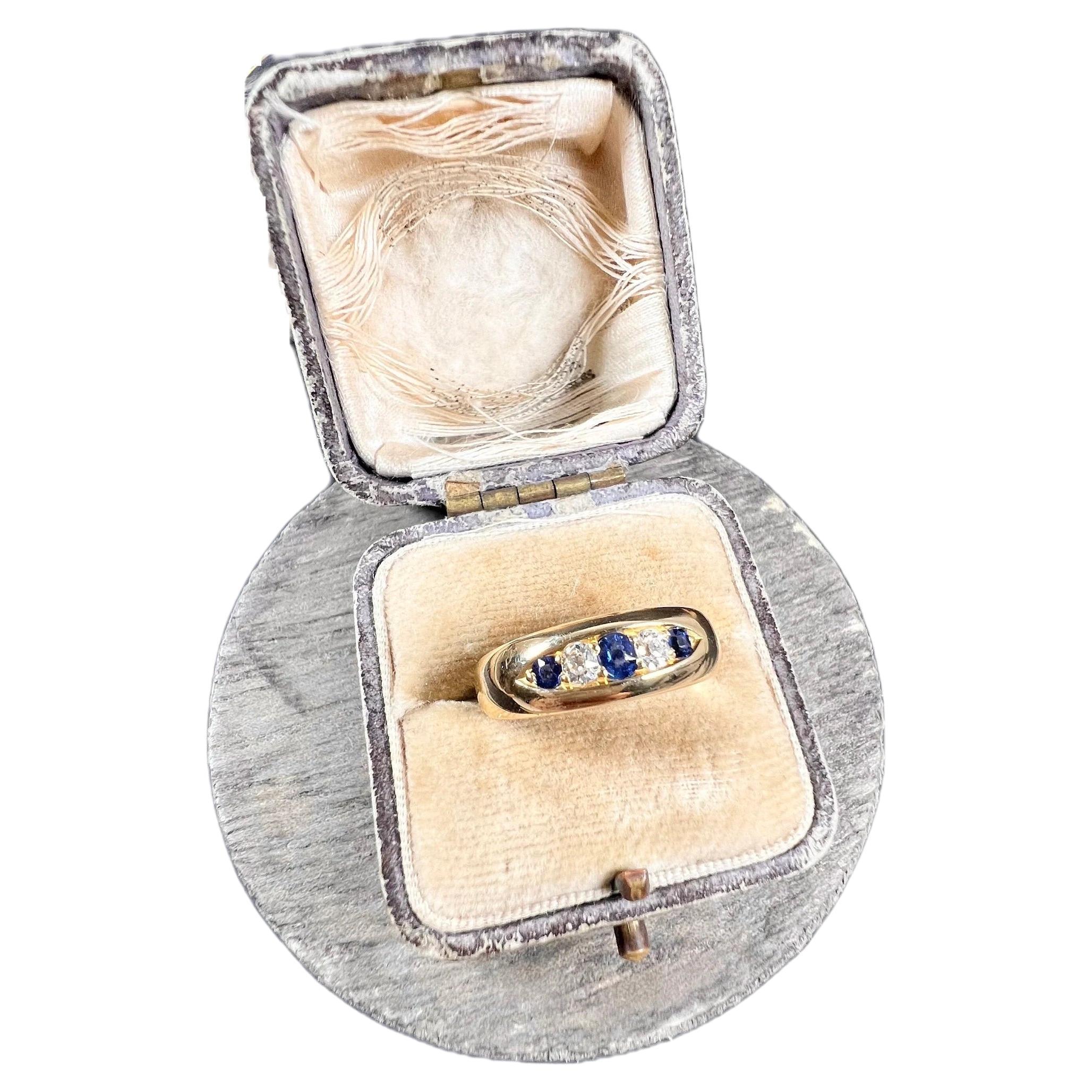 18ct Gold Birmingham Hallmarked Victorian Sapphire Diamond Five Stone Ring For Sale