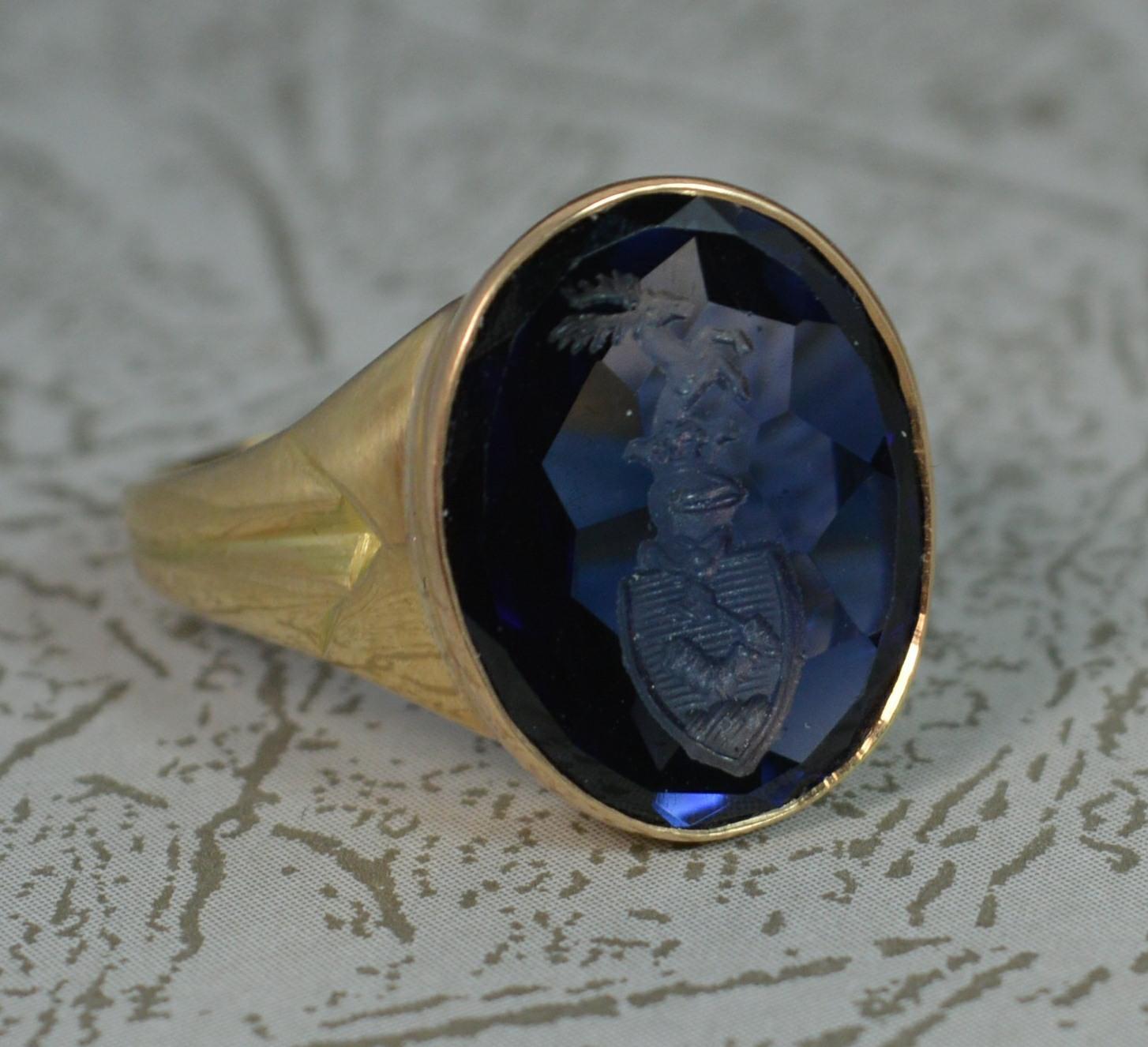 18 Carat Gold Blue Sapphire Intaglio Seal Signet Ring 4