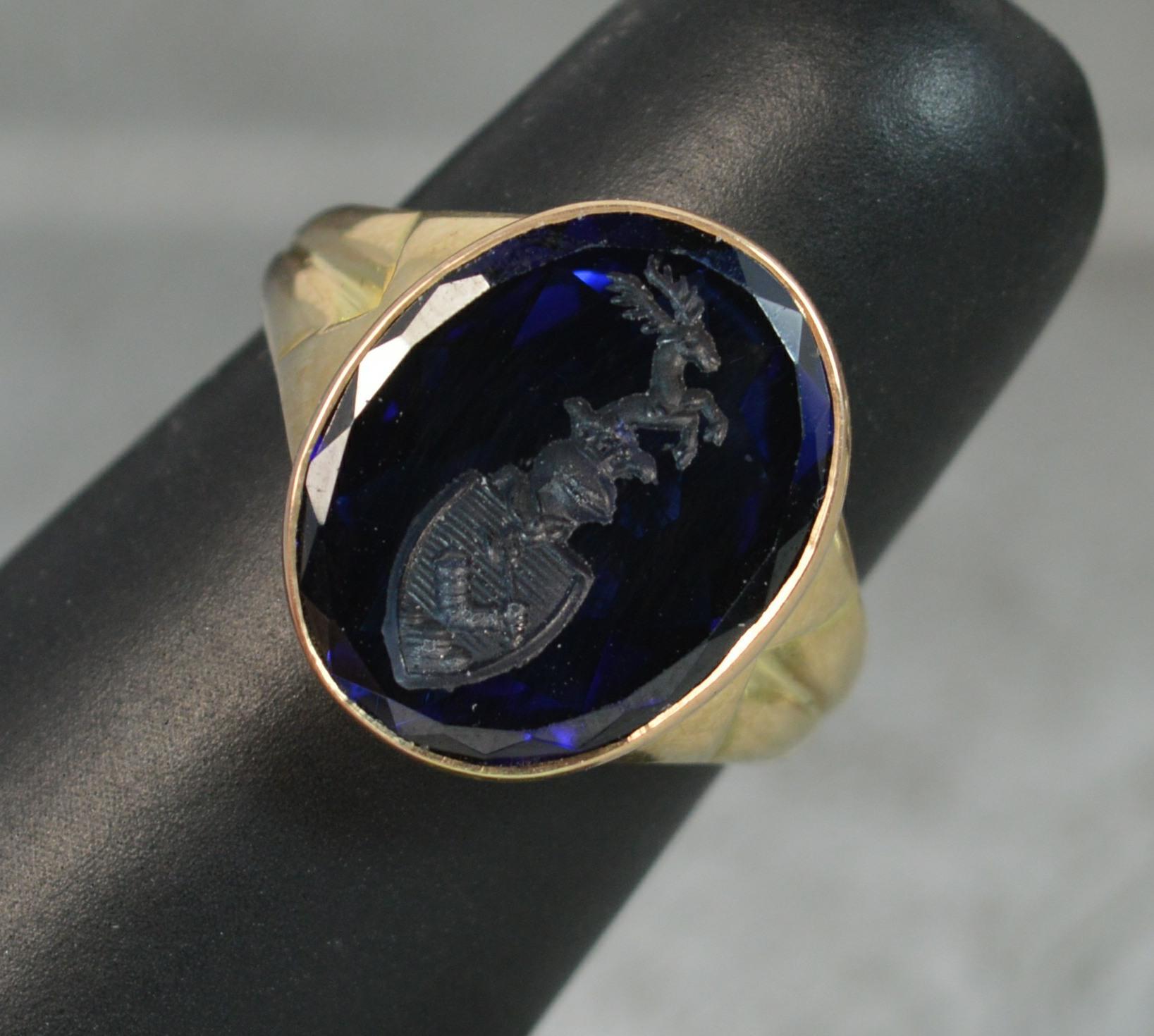 18 Carat Gold Blue Sapphire Intaglio Seal Signet Ring In Excellent Condition In St Helens, GB