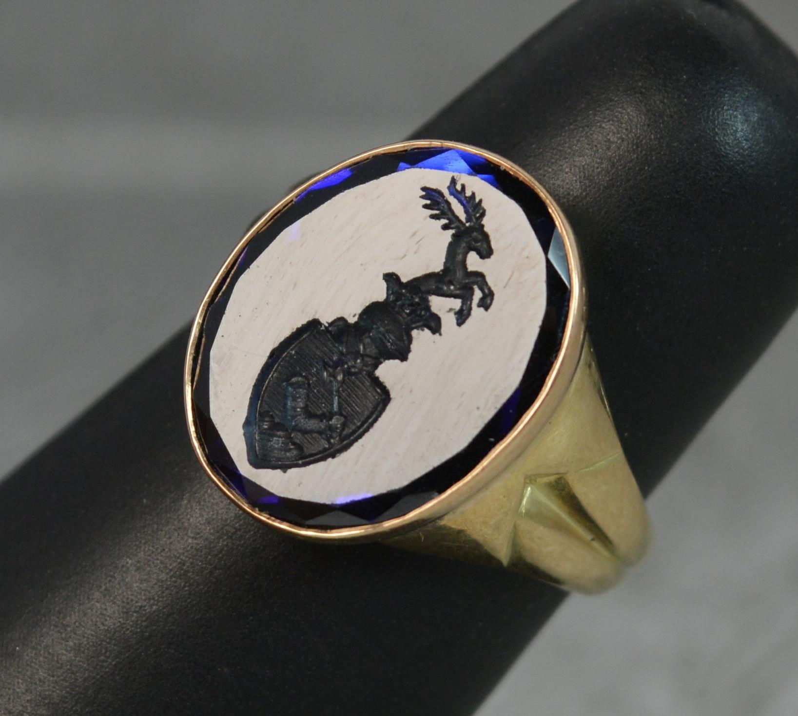 Women's or Men's 18 Carat Gold Blue Sapphire Intaglio Seal Signet Ring