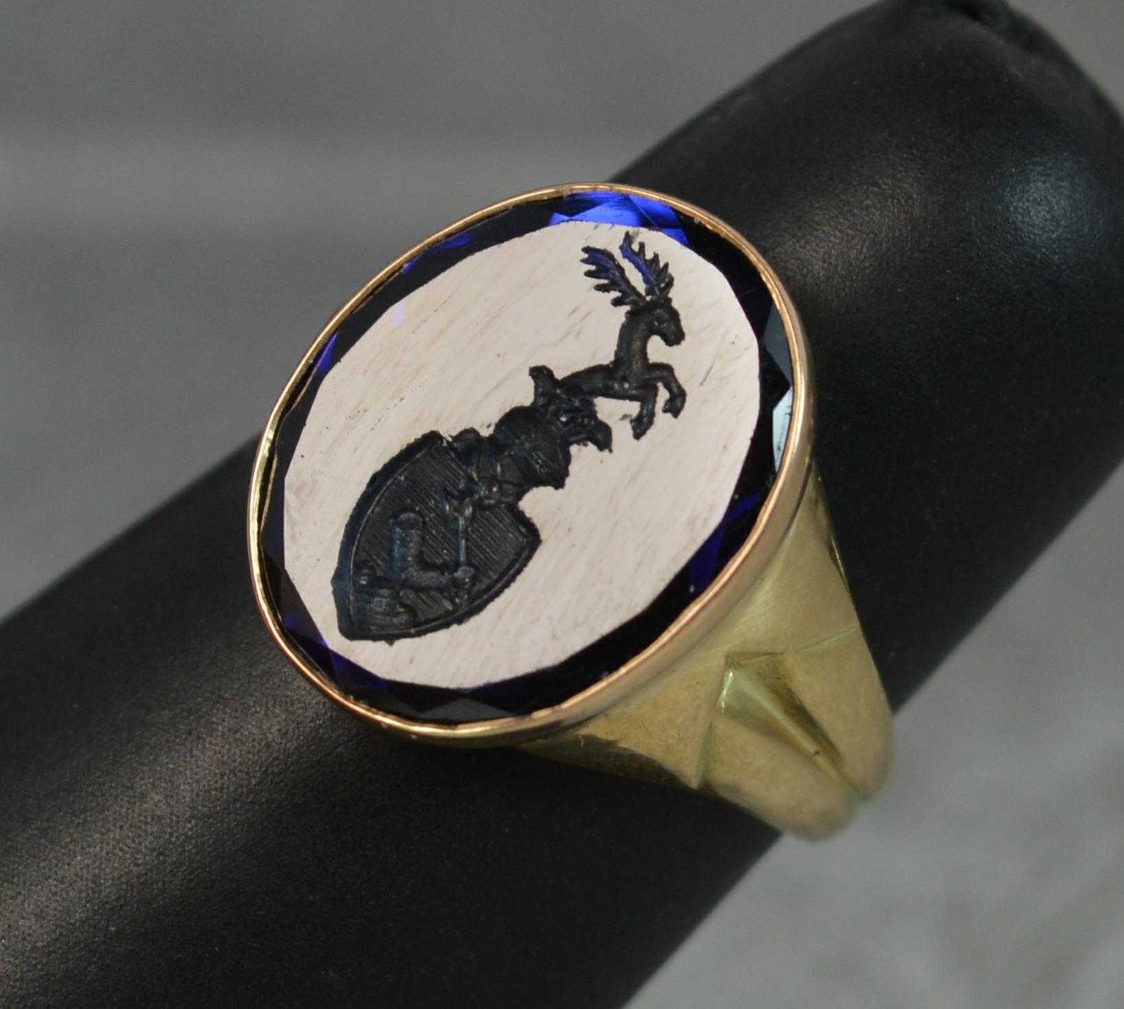 18 Carat Gold Blue Sapphire Intaglio Seal Signet Ring 1