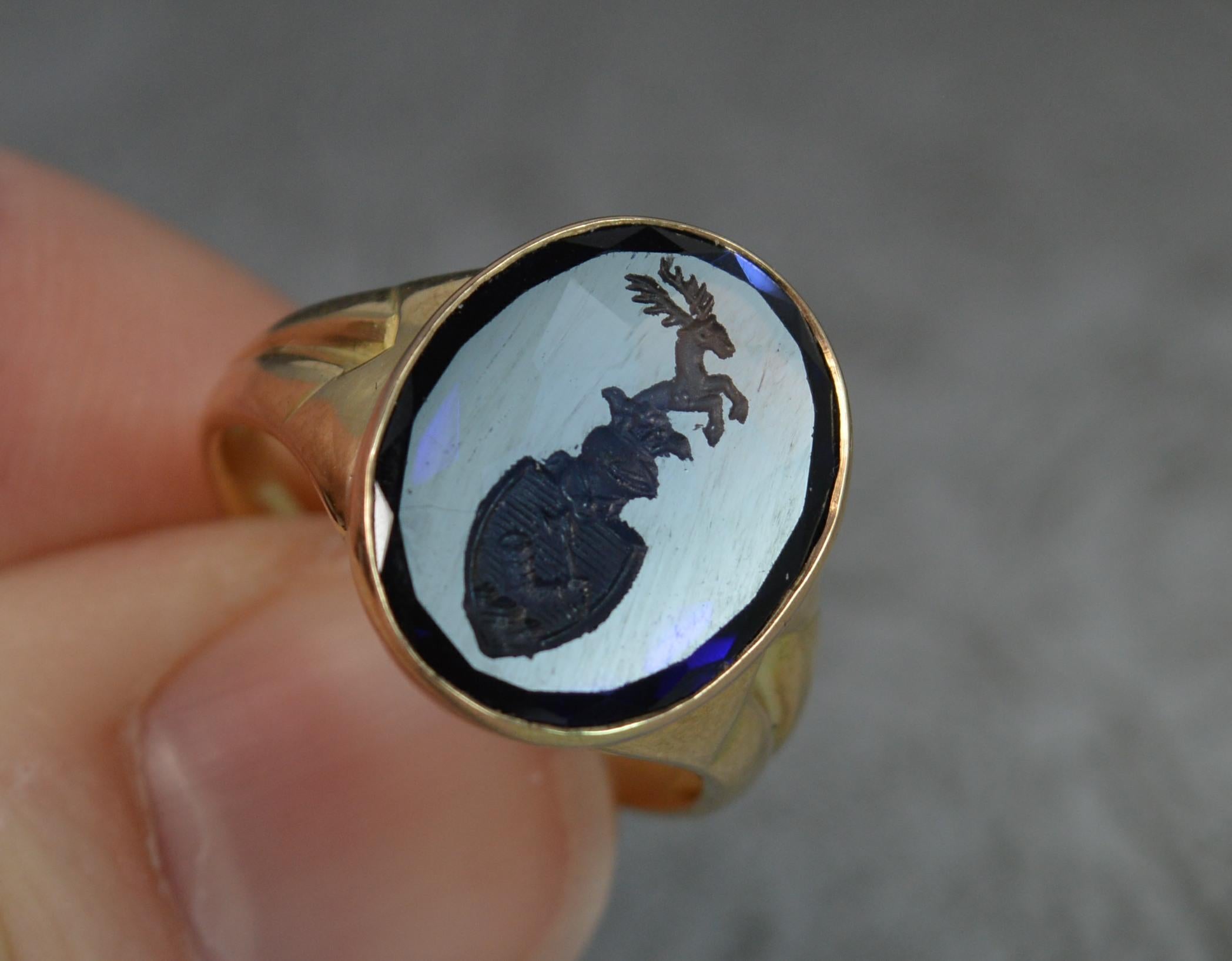18 Carat Gold Blue Sapphire Intaglio Seal Signet Ring 3