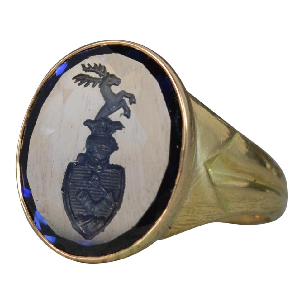 18 Carat Gold Blue Sapphire Intaglio Seal Signet Ring