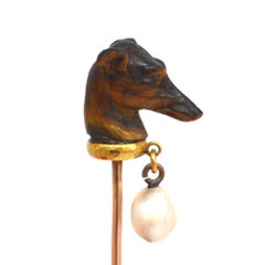 18ct Gold Carved Tiger's Eye Dog's Head of a Greyhound and Natural Pearl Tie Pin