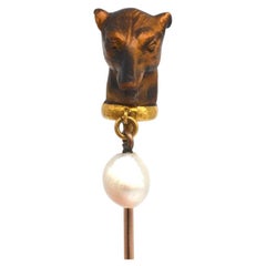 18ct Gold Carved Tiger's Eye Dog's Head of a Greyhound and Natural Pearl Tie Pin