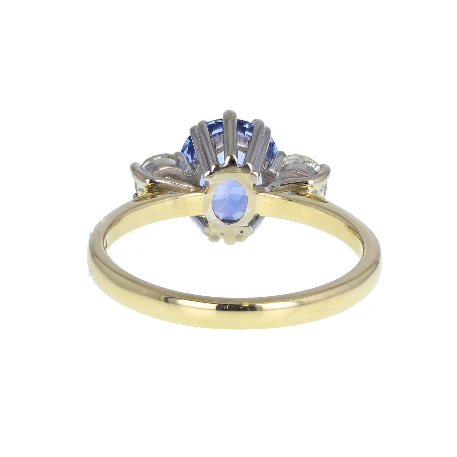 Oval Cut 18 Carat Gold Ceylon Sapphire Diamond Three-Stone Engagement Ring For Sale